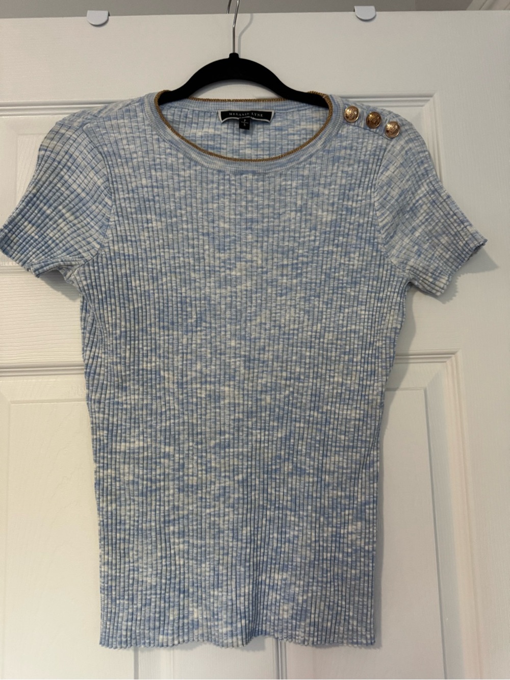 Melanie Lyne Light Blue Marled Ribbed Short-Sleeve Top with Gold Buttons